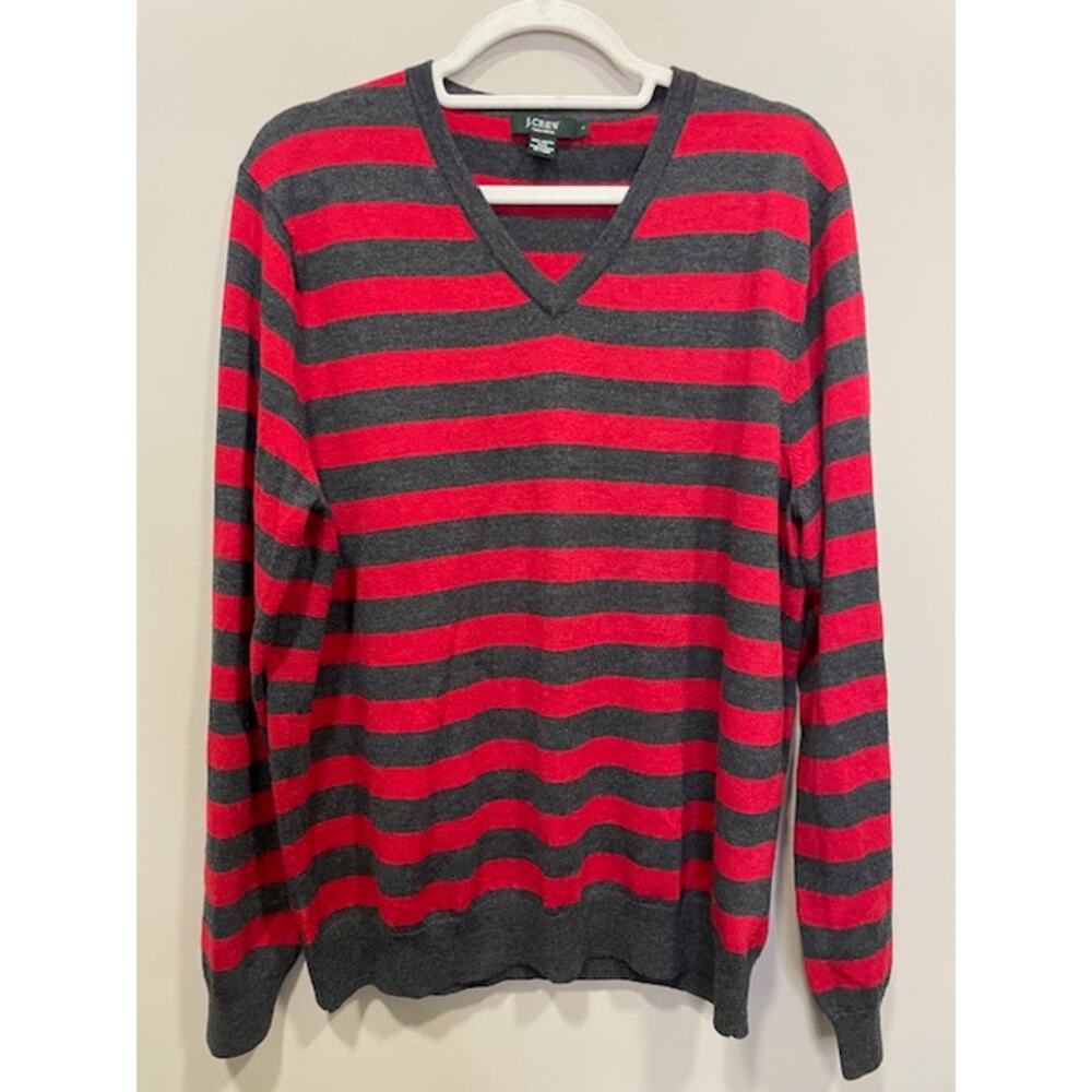 J. CREW V-Neck Merino Wool Striped Pullover Sweater Red Gray Size Large